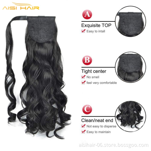 Aisi curly braiding ponytail hairpiece magic paste ombre brown burgundy tape clip in pony tail synthetic hair extension